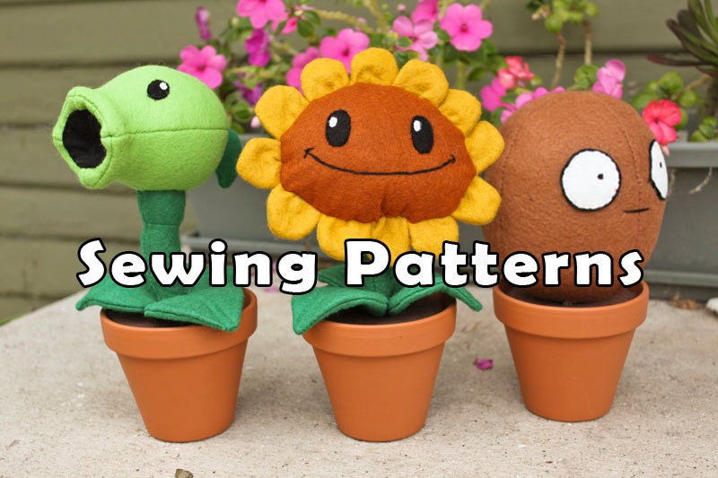 Combo Pack 3 SEWING PATTERNS Sunflower Wallnut and Pea Plant in a Clay Pot