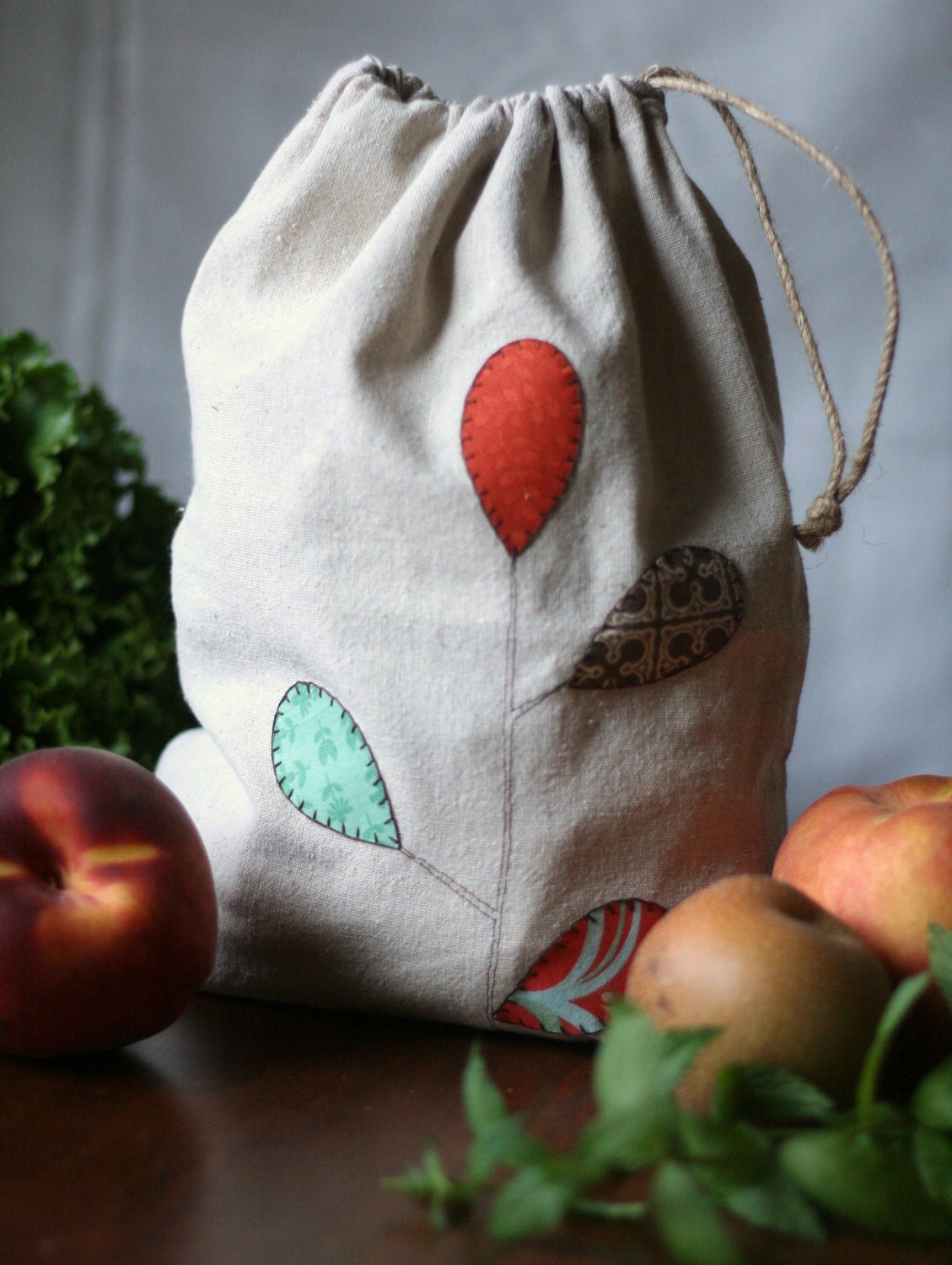 cotton produce/storage bag in coral & teal