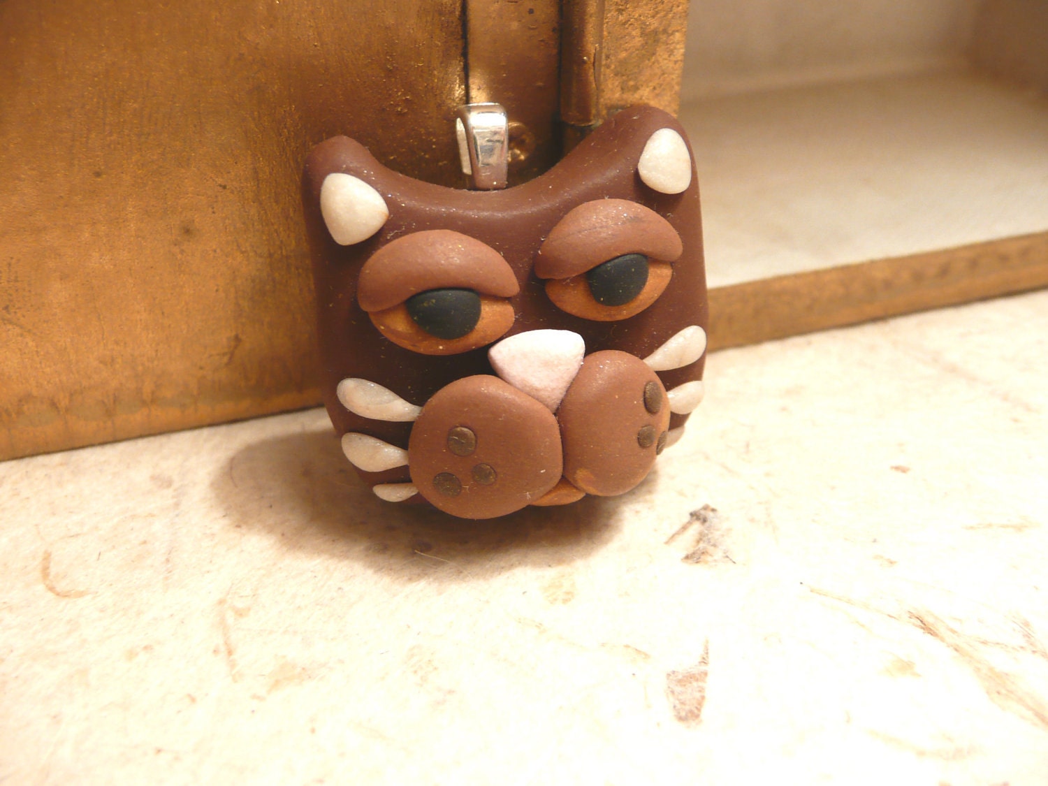 Cat Face Pendant Brown Tan Gold - handmade polymer clay jewelry