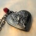 Locket Necklace, Black Heart, Red Czech Glass Crystal Bead, Black Chain - Gothic Memory