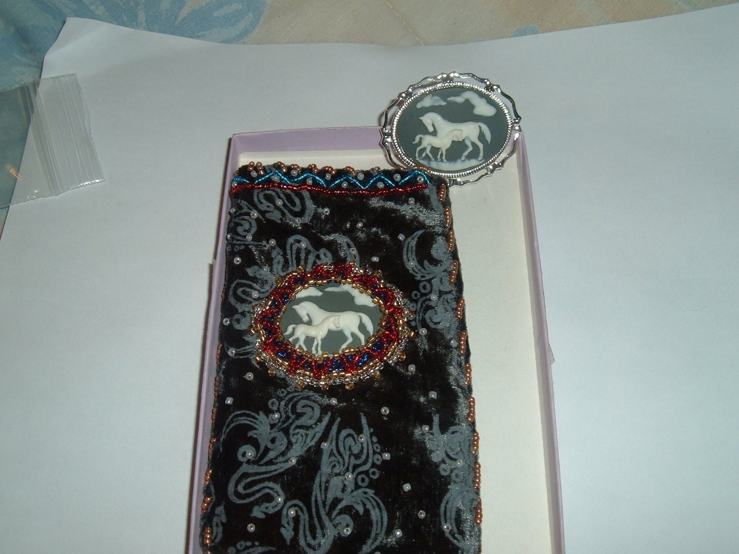Mama  Horse and Baby Cameo Brooch With Matching Cell Phone Or Eyeglass Case