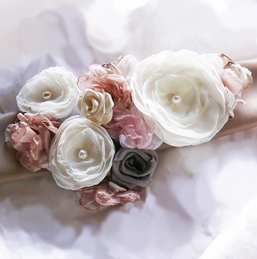 Rachel Bridal Sash Wedding Belt, Flowers in Ivory, Pink, and  Taupe with Pearls and Rhinestones