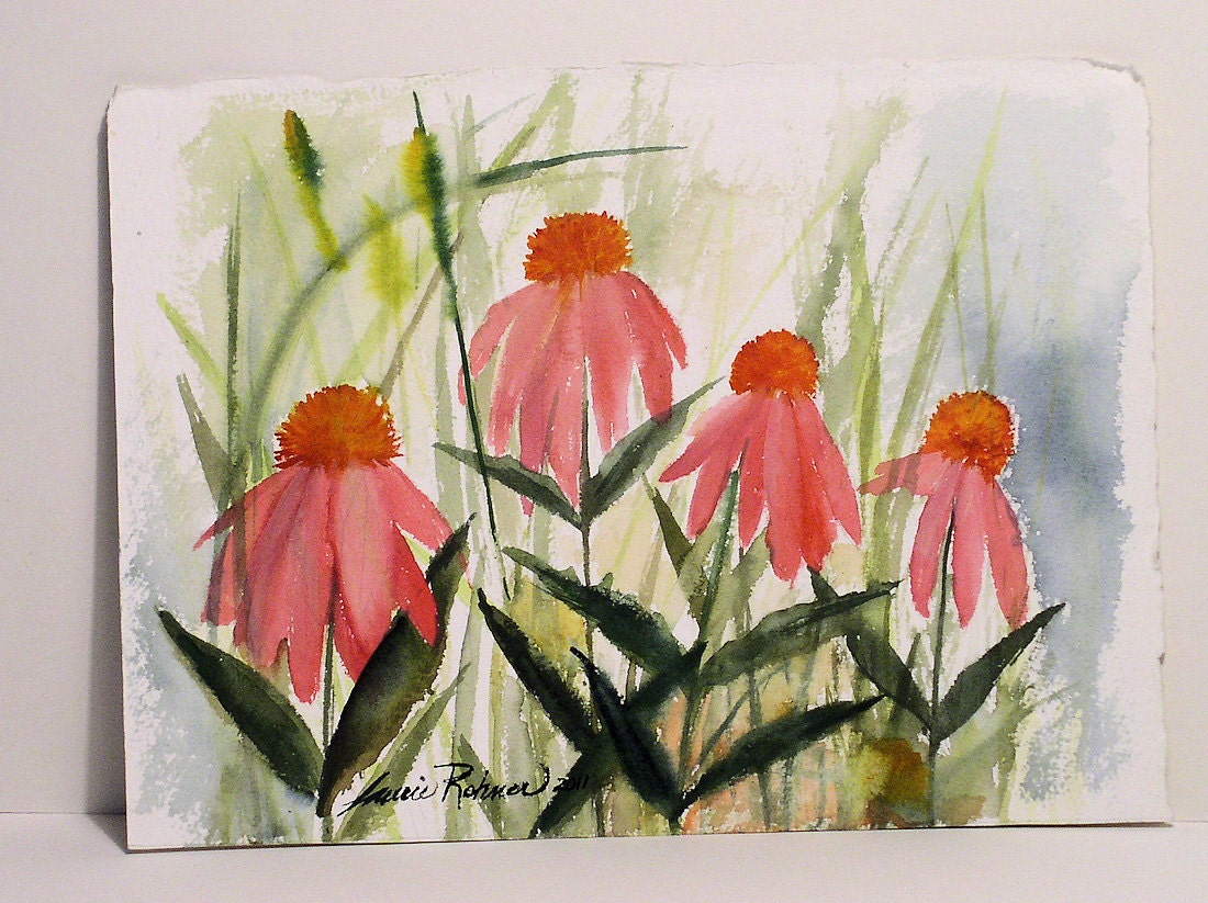 Original Watercolor Bright Pink Coneflowers on Quality Paper Not a Print.