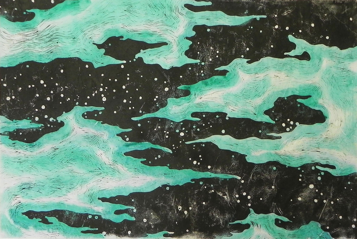 Night Sky in Blue and Green - HUGE Original Linocut Print