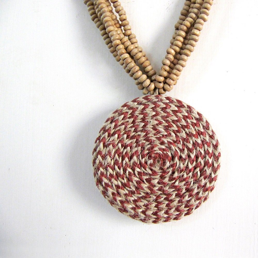 Ethnic jewelry - Wine red hemp necklace - Chevron, stripe, spiral, Shabby chic, autumn, fall fashion, bold, Wine red, cherry, brown, beige
