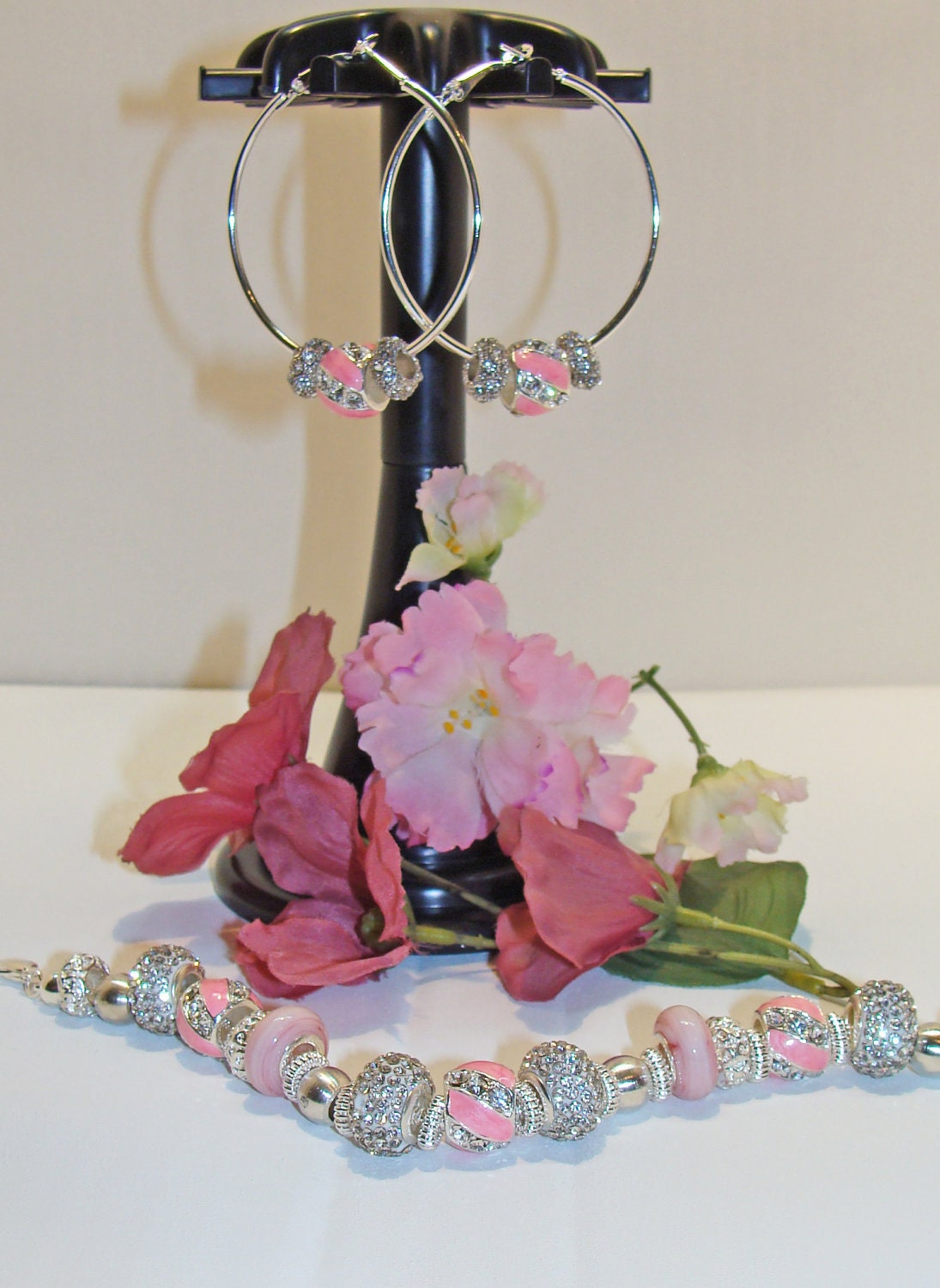 Pandora Style Beads Pink and Crystal Hoop Earrings