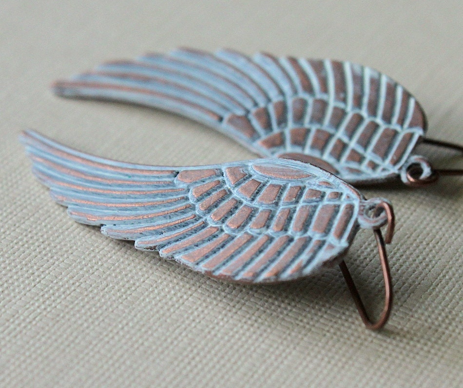 Earrings Copper Wing, Feather, White Patina, Flight, Shabby Chic Fashion, Women