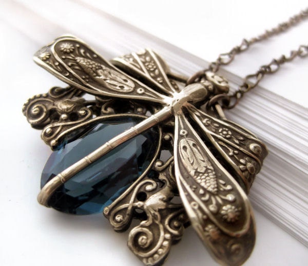 Dragonfly necklace, sapphire blue Victorian style vintage filigree jewelry