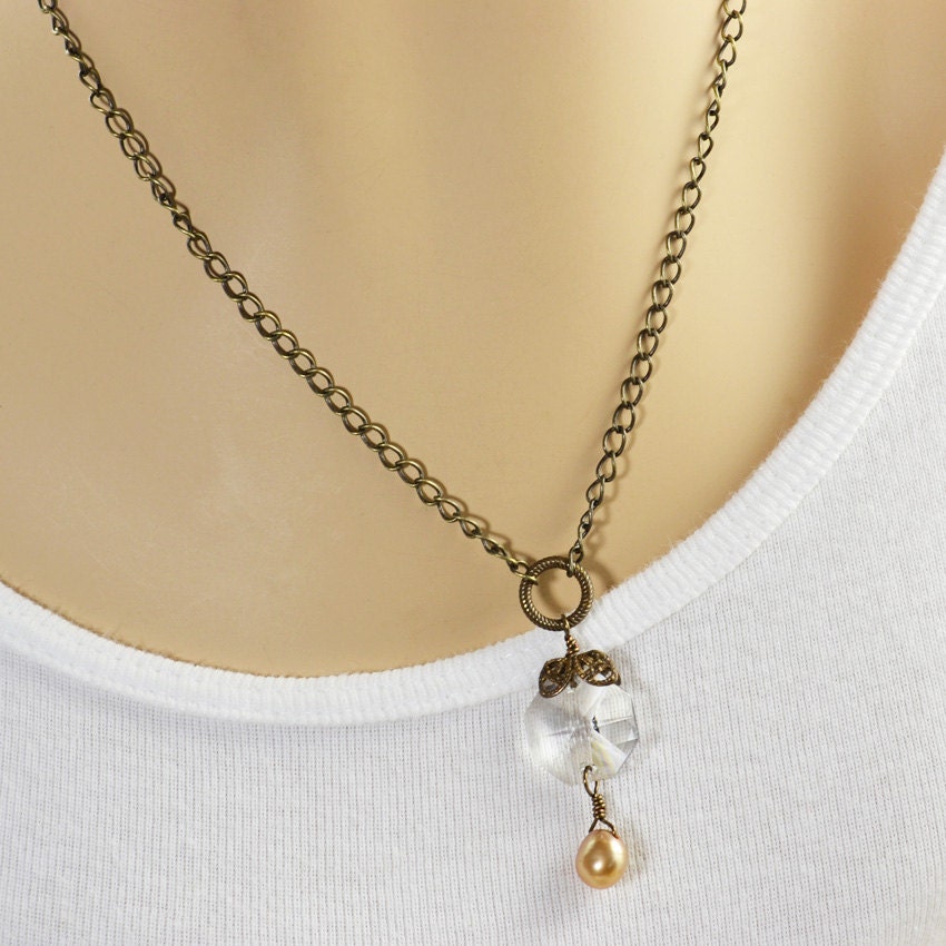 Vintage Repurposed Brass Necklace, Chandelier Crystal, Pearl