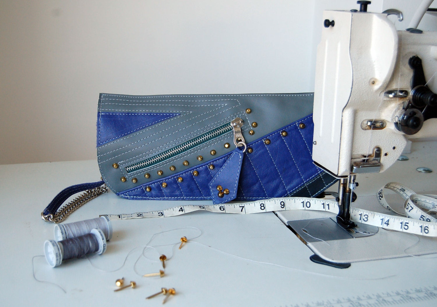 Studded grey and purple leather clutch bag, handmade.