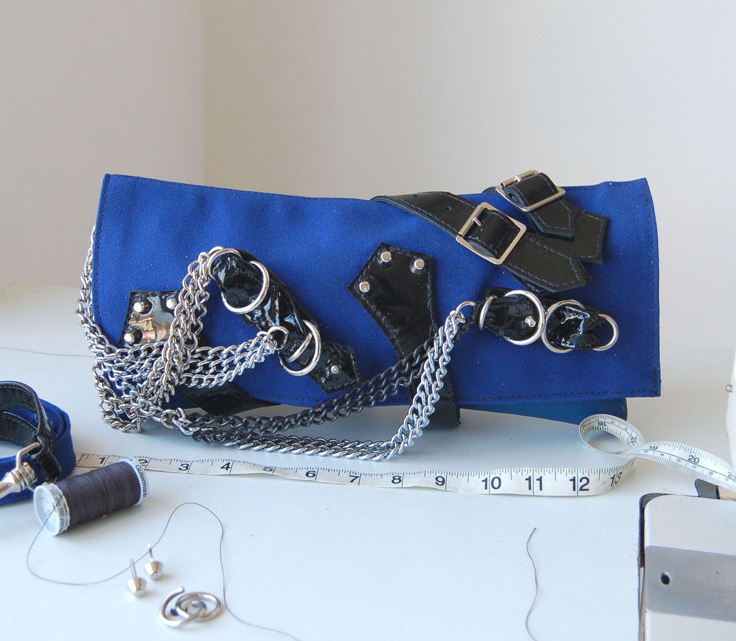 Blue leather and canvas clutch and shoulder bag with patent black leather straps, handmade.