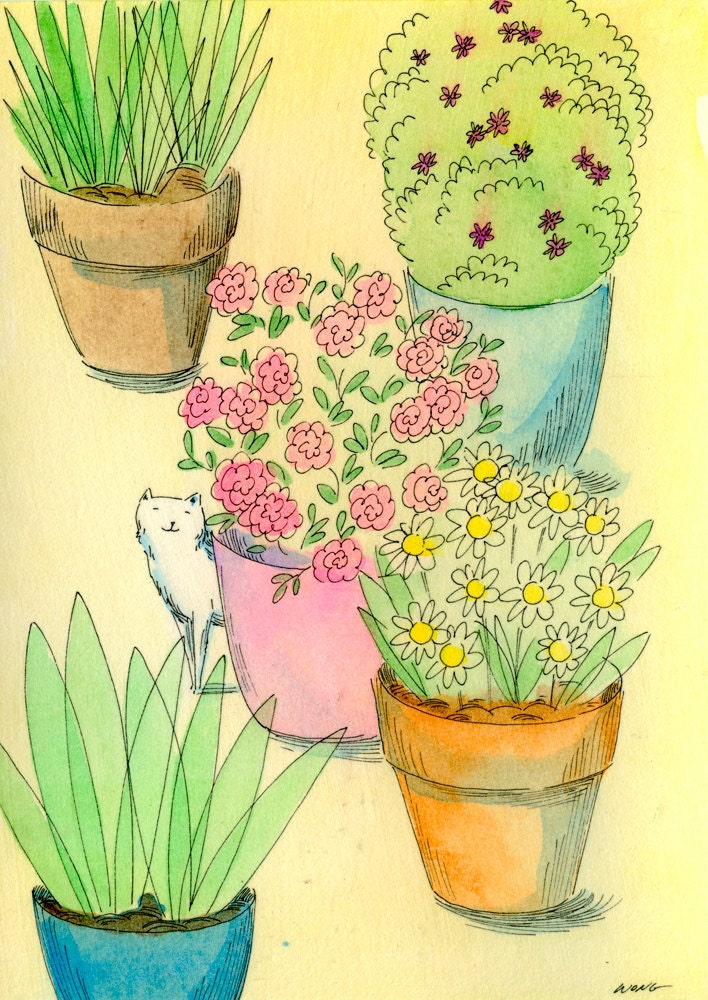Original 5x7 Painting -- Potted plants