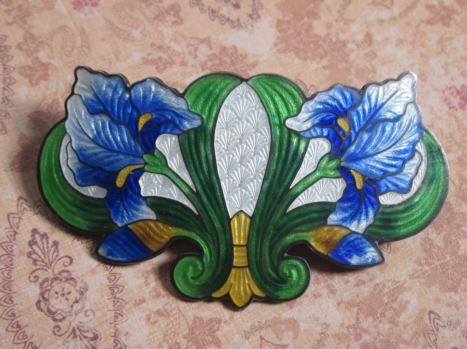 Art Nouveau Sterling Silver And Enamel Cloisonne Iris Brooch