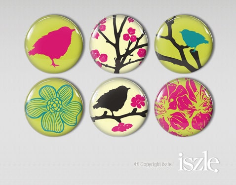 Fridge Magnets - Set of 6 Refrigerator Magnets - Bird Floral