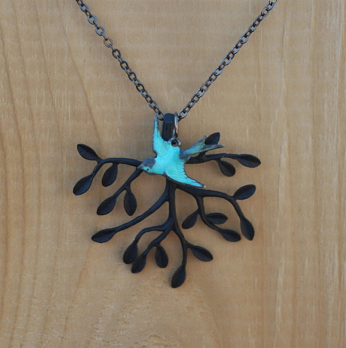 Tree Necklace Black Tree Pendant with Blue Patina by smilesophie Tree Necklace Black Tree Pendant with Blue Patina by smilesophie