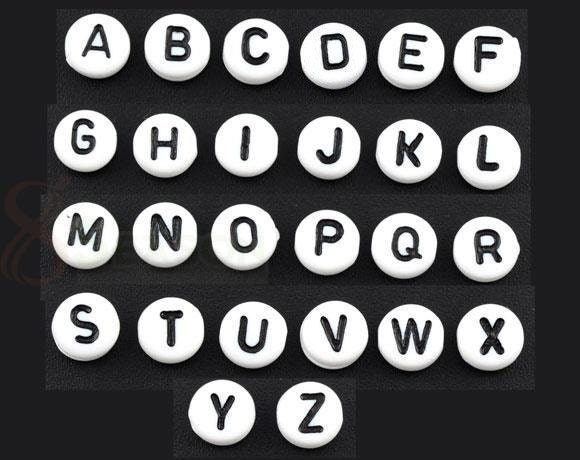 Black and White acrylic letter beads, 7mm flat