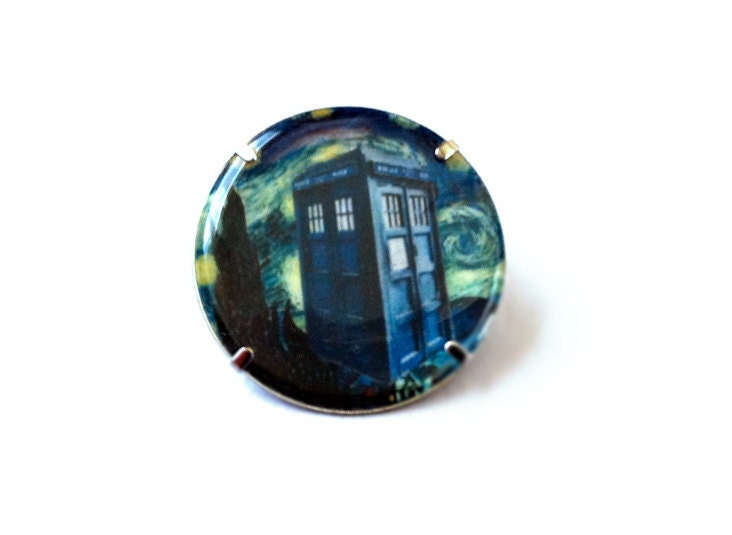 Doctor Who Inspired TARDIS Pin, Van Gogh's Starry Night Police Box One-Inch Brooch