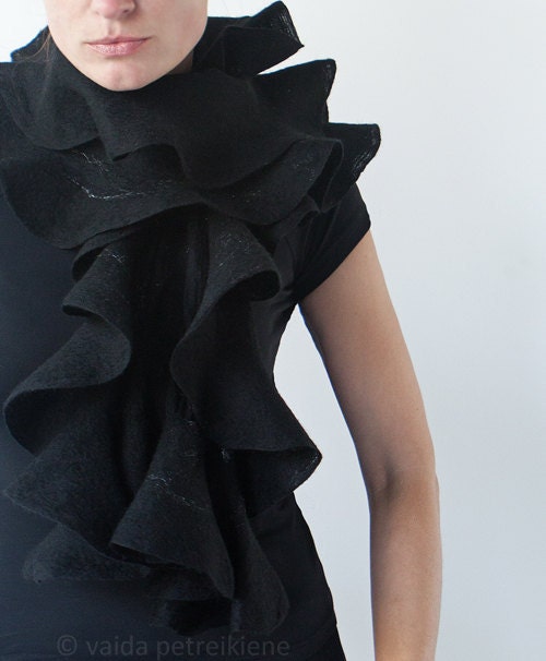 Nuno Felted Ruffle Shawl / Silk and Wool Scarf - Black Elegance - For Gothic Weddings, Any Special Occasion or Everyday Wear