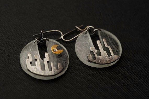 City Scape- Sterling Silver and Found Plastic Earrings