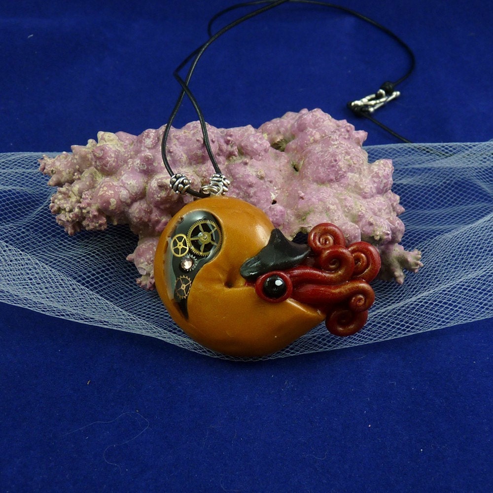 Brass Steampunk Nautilus Necklace - Polymer Clay Neo-Victorian Jewelry