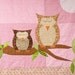 Owls baby quilt in pink, green and brown "How Big is the Sky"