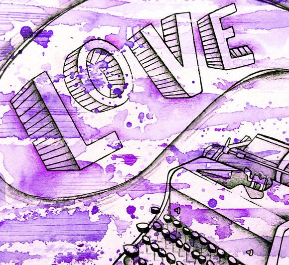 Violet Typewriter--Affordable Fine Art Print--Limited Edition Contemporary Watercolor Illustration. Love for the writer on Valentine's Day