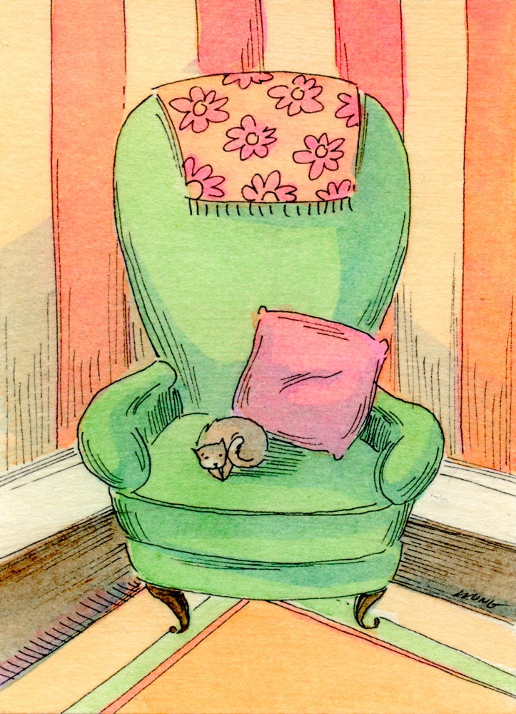 Original ACEO Painting -- Green chair nap