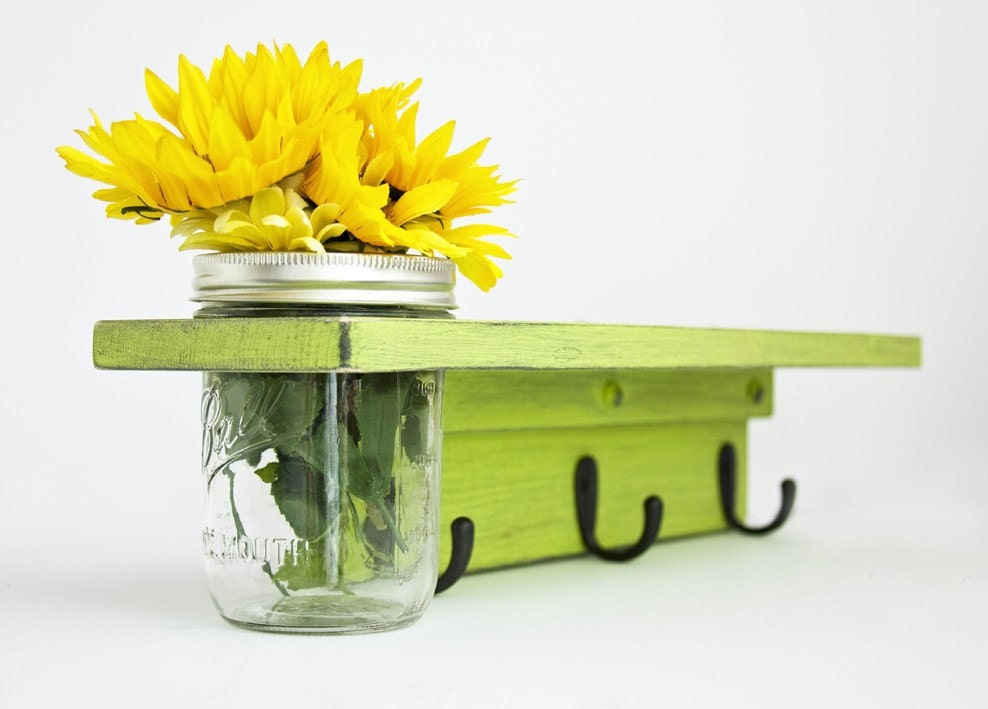 Country Wall Shelf with 3 Coat Hooks and Mason Jar Vase in shabby Springy Green- TRwoodworks