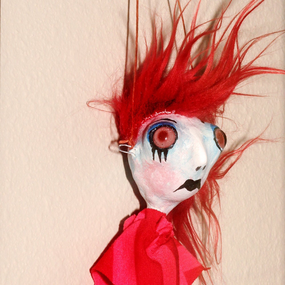 Punk Rock Ornament Art Doll Head Sourpuss Penny home decor wall art Gothic Christmas Tree decoration sad face red hair  OOAK