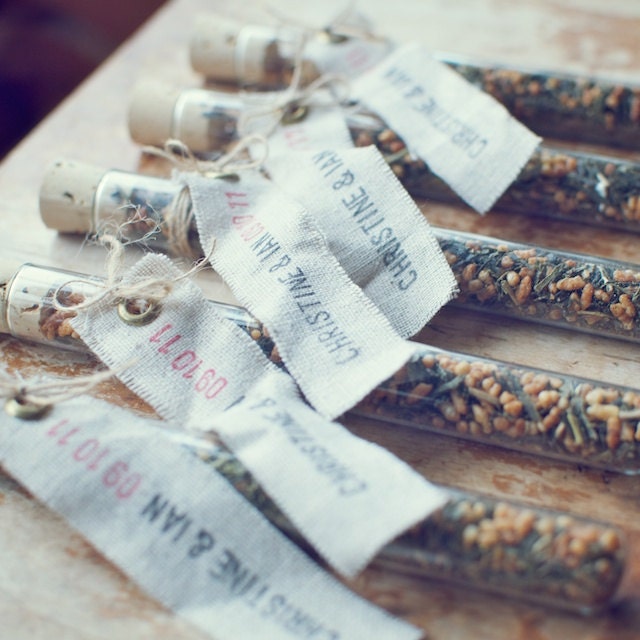 5 Green Tea Test Tube Wedding Favors with Custom Linen Labels