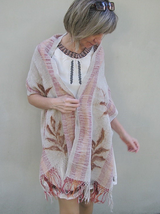 Made to order hand woven and felted flax and merino wool scarf shawl in natural colors rustic style gift idea for her - "Touches of Autumn"
