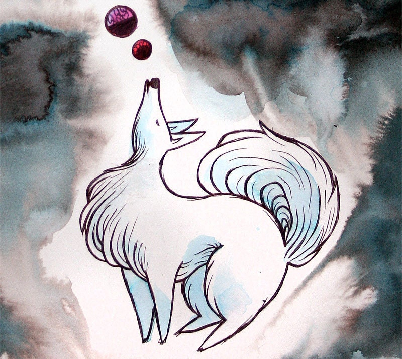Wolf Howling at the Moon Illustration "Communication With Nature" Archival Giclee Print 22x15 in