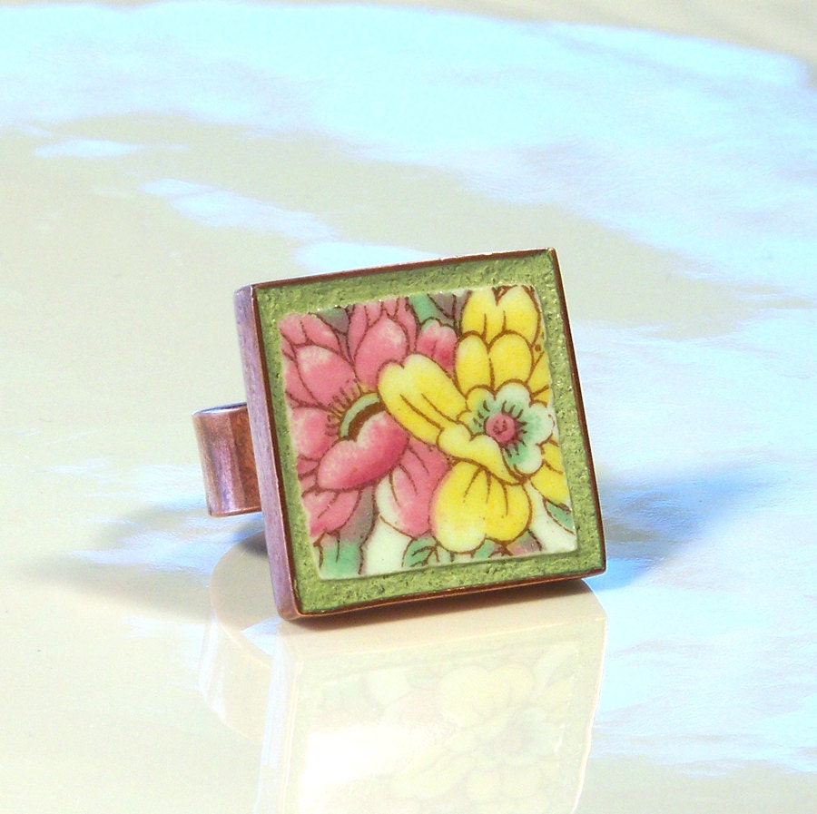 Raspberry and Buttercup Floral Cocktail Ring  from Upcycled Broken China