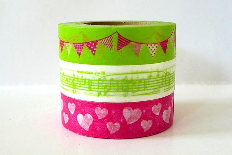 Party Time Japanese Washi Tape - Lime Green Paper Garland, Music Note, Pink Hearts - Set of 3