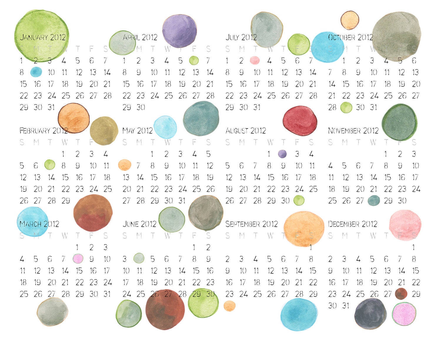 Wall CALENDAR 2012 Bubbles one page all days of the year - archival art print - 12 months