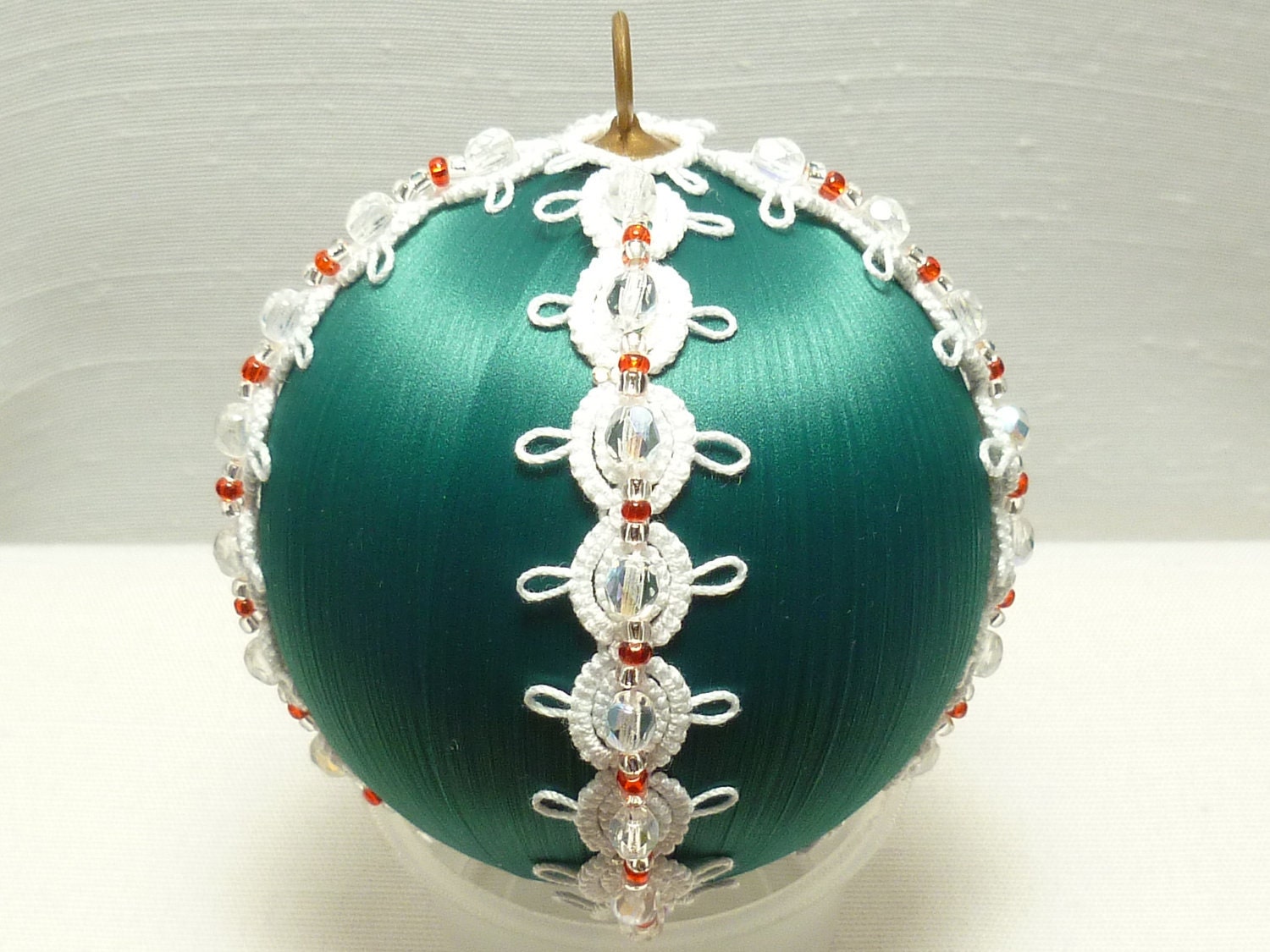 Lace Christmas Ornament Tatted Snowflake on Satin ball -Snowball No.16
