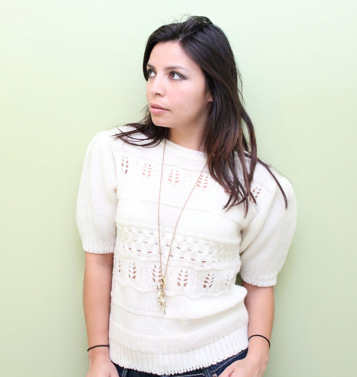 White Knitted Blouse - Sweater Blouse with Shoulder detail - Medium