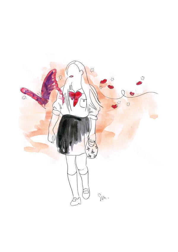 Butterfly girl, Japan / Watercolor illustration / A4 Print