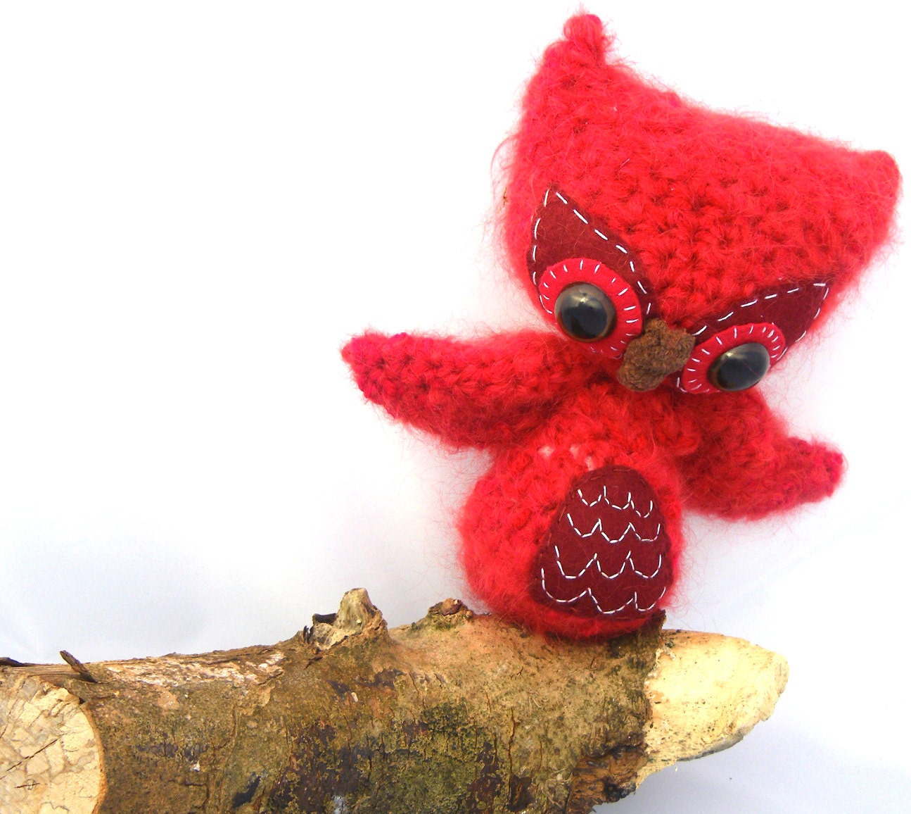 owl  plush amigurumi crochet stuffed animal toy red mohair OOAK gift wrapped ready to ship