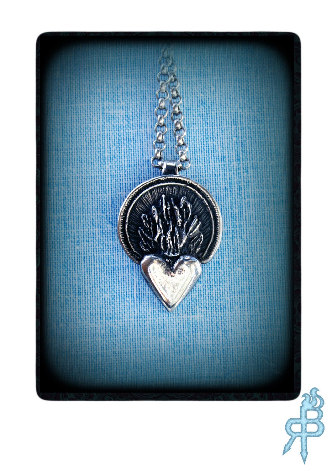 Sterling Silver Flaming Heart Pendant-SACRED HEART-Coeur Sacre