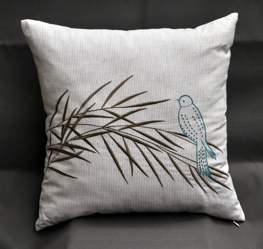 Bird on Bamboo Throw Pillow Cover - 18" x 18" Decorative Pillow Cover - Brown Striped Linen with Brown Embroidery