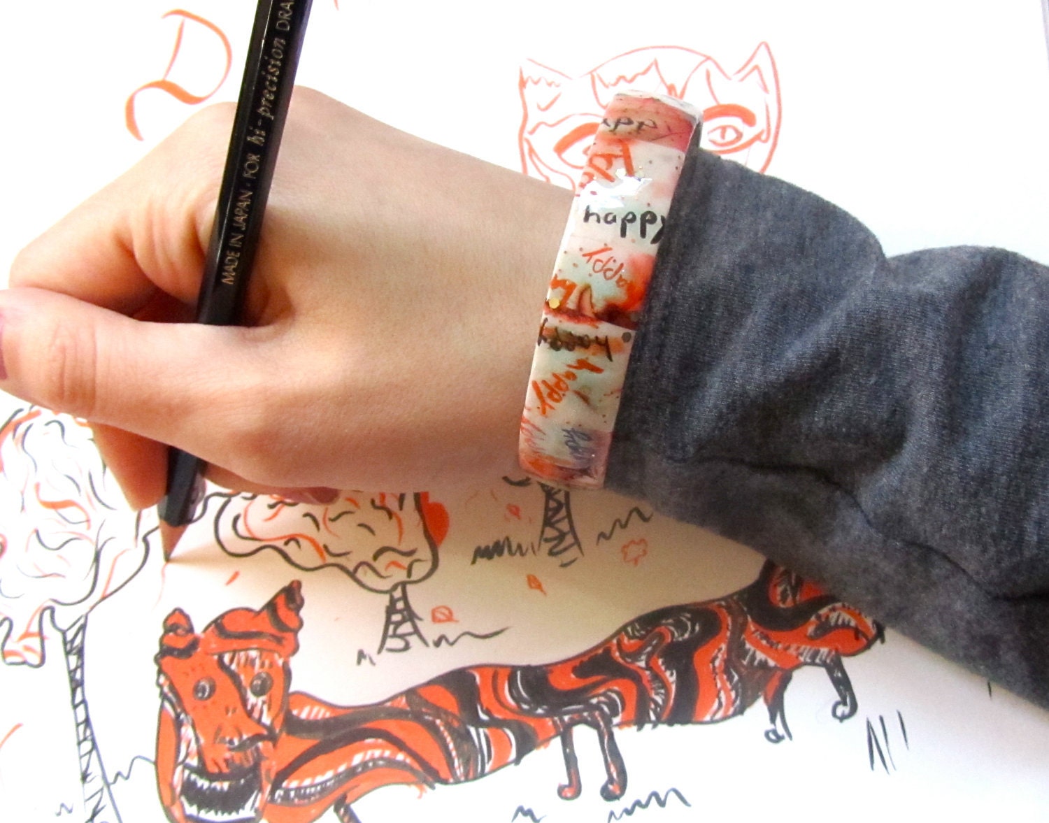 The Happy Bracelet w/ glitter - decoupage bangle bracelet, paper jewelry, collage bracelet, typography, orange, grey, gold