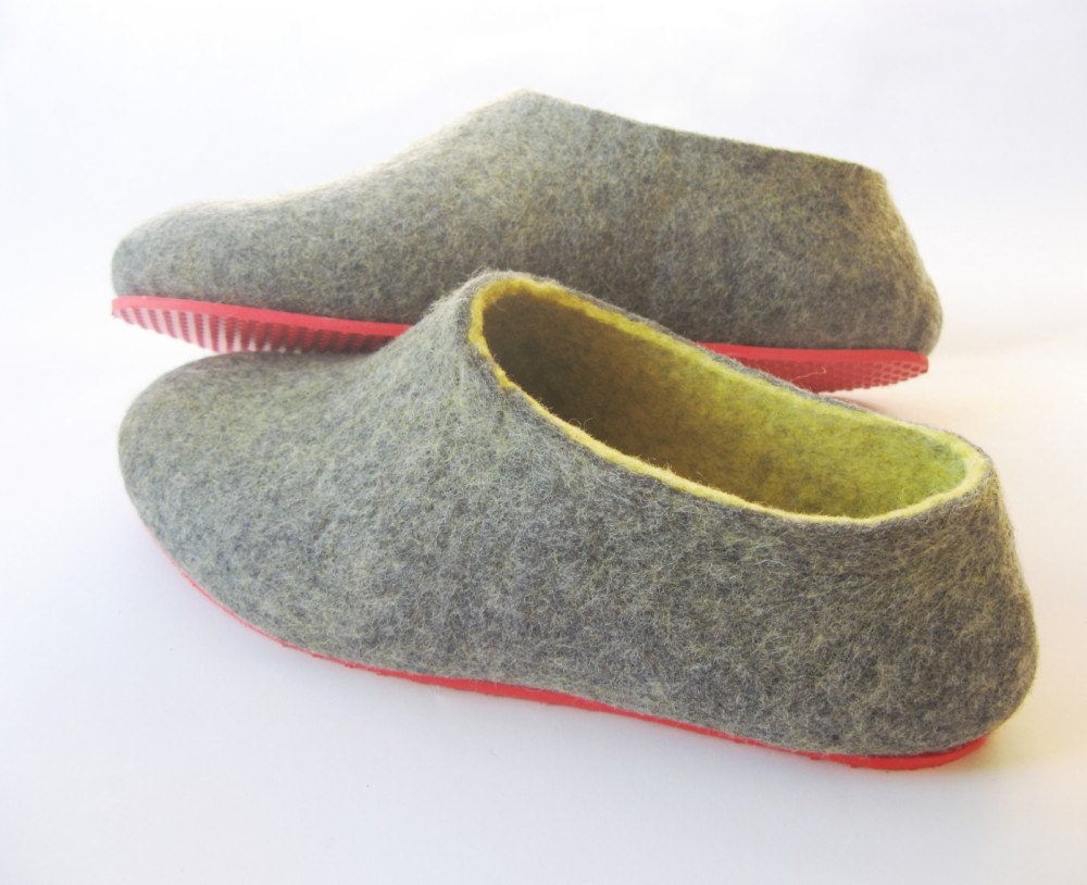 Felt Shoes Gray Yellow with Non Slip RED Soles Rubber Natural Eco. In Case of Cold Feet. Spring. Custom made. Womens. Front Page on Etsy