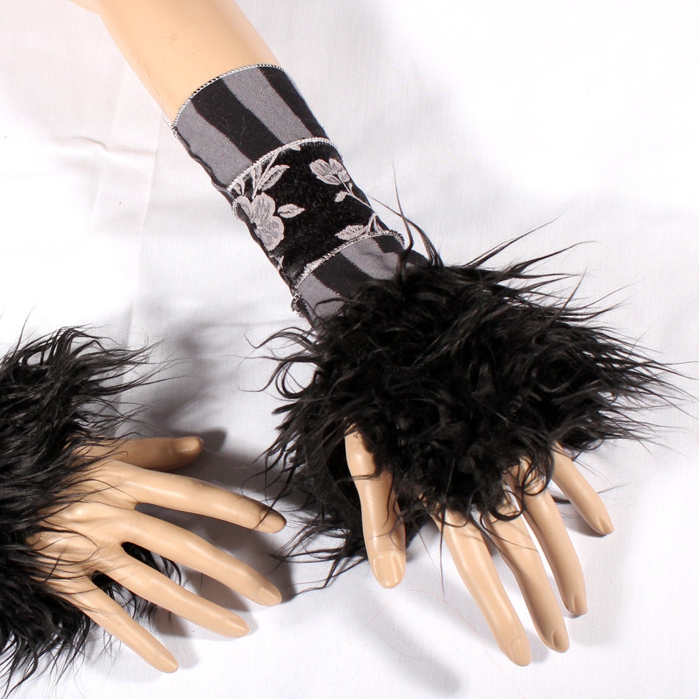 Victorian Carnival Arm Warmers Black Grey Stripes fingerless gloves Belly Dance Monster Paws circus Stripes with long Black monster fur