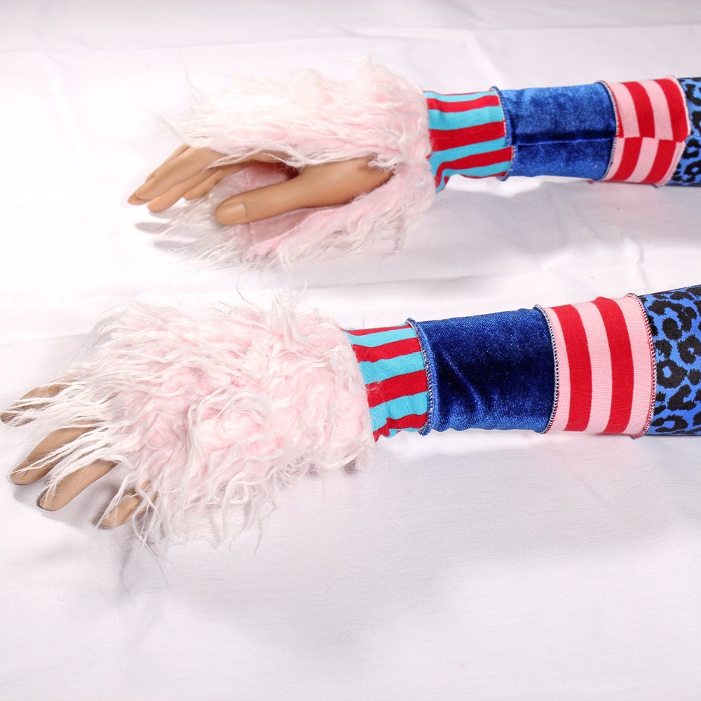 Belly Dance Arm Warmers Long Patchwork Gothic Lolita sleeves Fingerless gloves Hand Covers Blue Red Pink Carnival Stripes