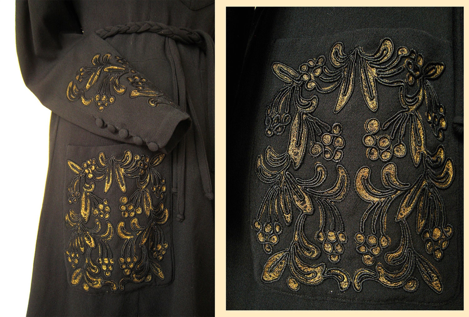 1940s black gold EMBROIDERED vintage winter DRESS size M antique collectible 1930s