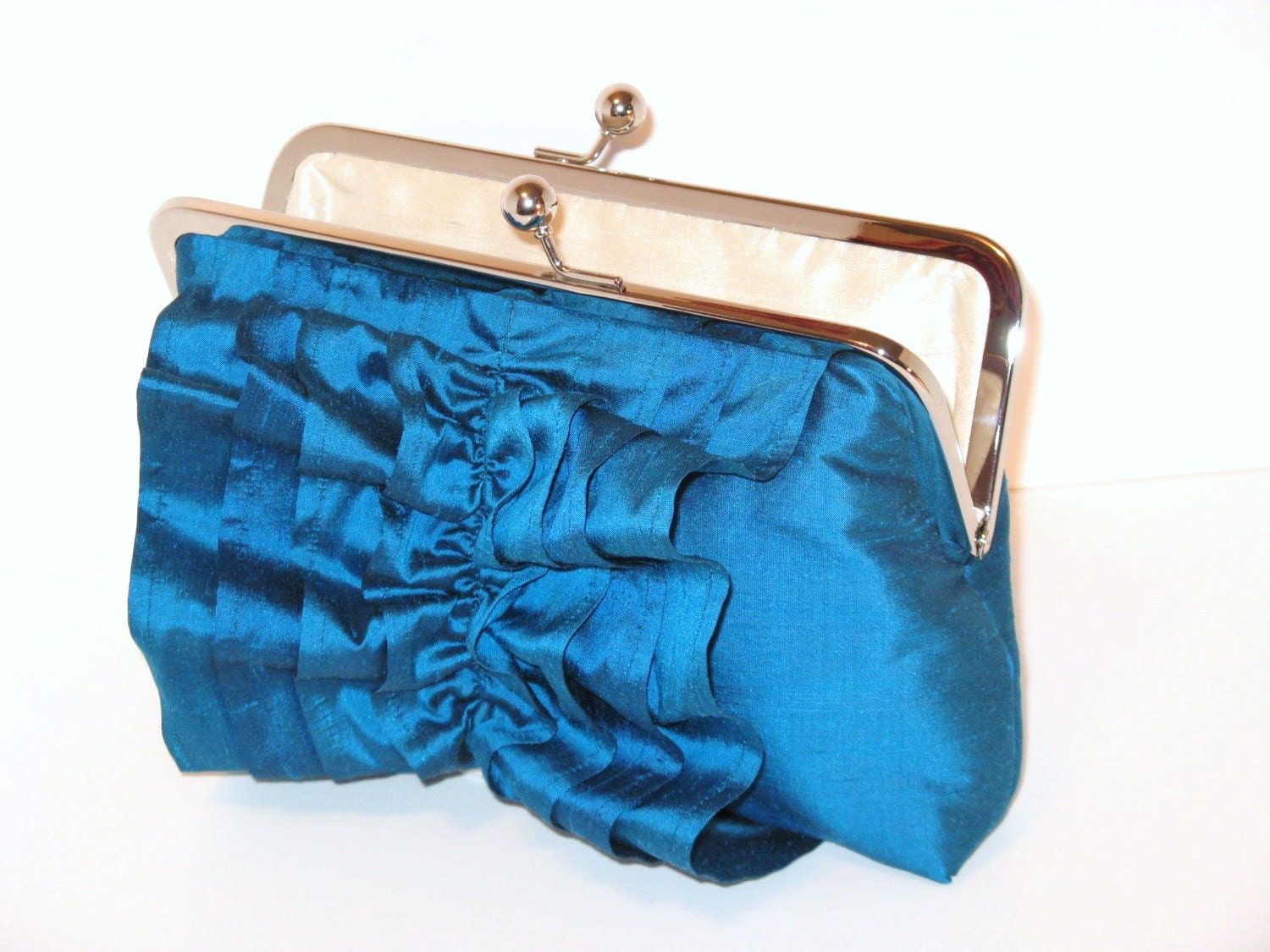 Ruffle Clutch in Peacock Blue Silk Dupioni