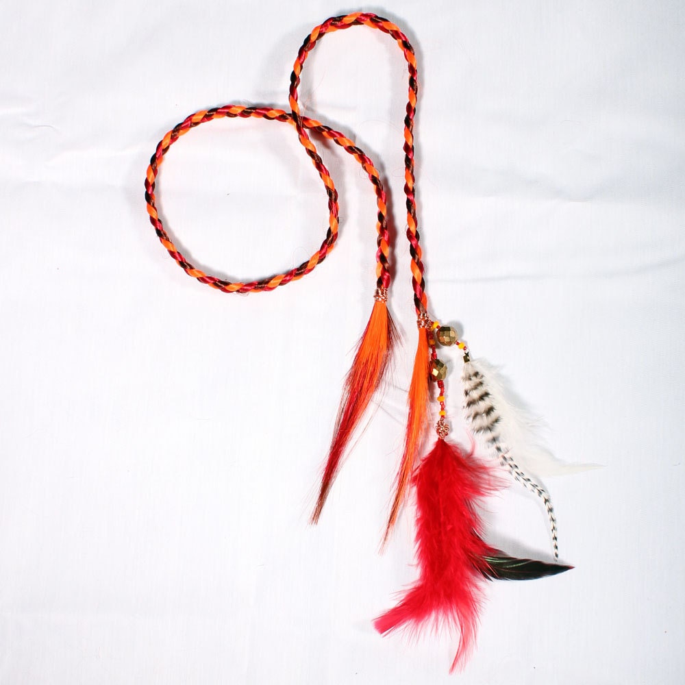 Gypsy Pirate Feather Hair Extension Hair Clip Headband beaded Fall colors Orange Red hair hairpiece free spirit