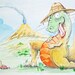 Original Watercolor Painting Page 16 17 from Children's Book Thunderful Dino that Ate too Many Red Beans.
