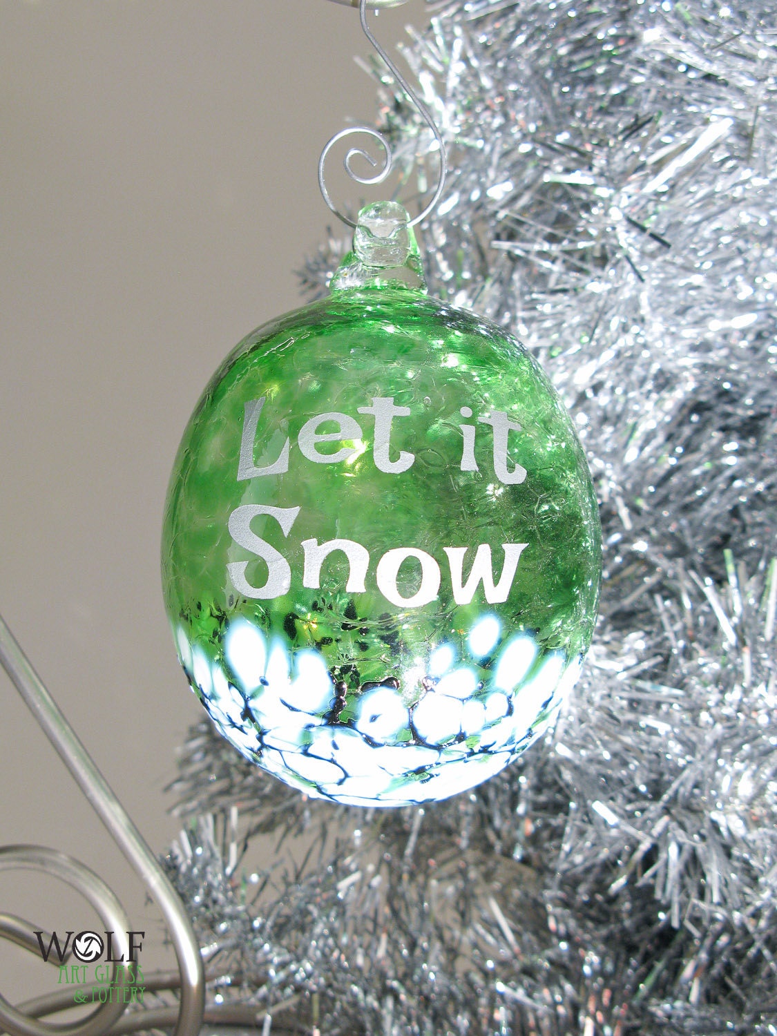 Blown Glass Tree Ornament Silver Let It Snow Etched Ball Emerald Green Blossom Blown Glass Tree Ornament Silver Let It Snow Etched Ball Emerald Green Blossom
